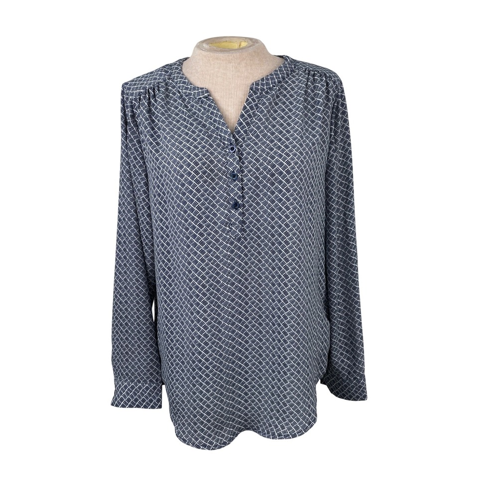 Chicos Womens Navy Blue White Geometric Hatch Print Split Neck Blouse Size 0 Sβ